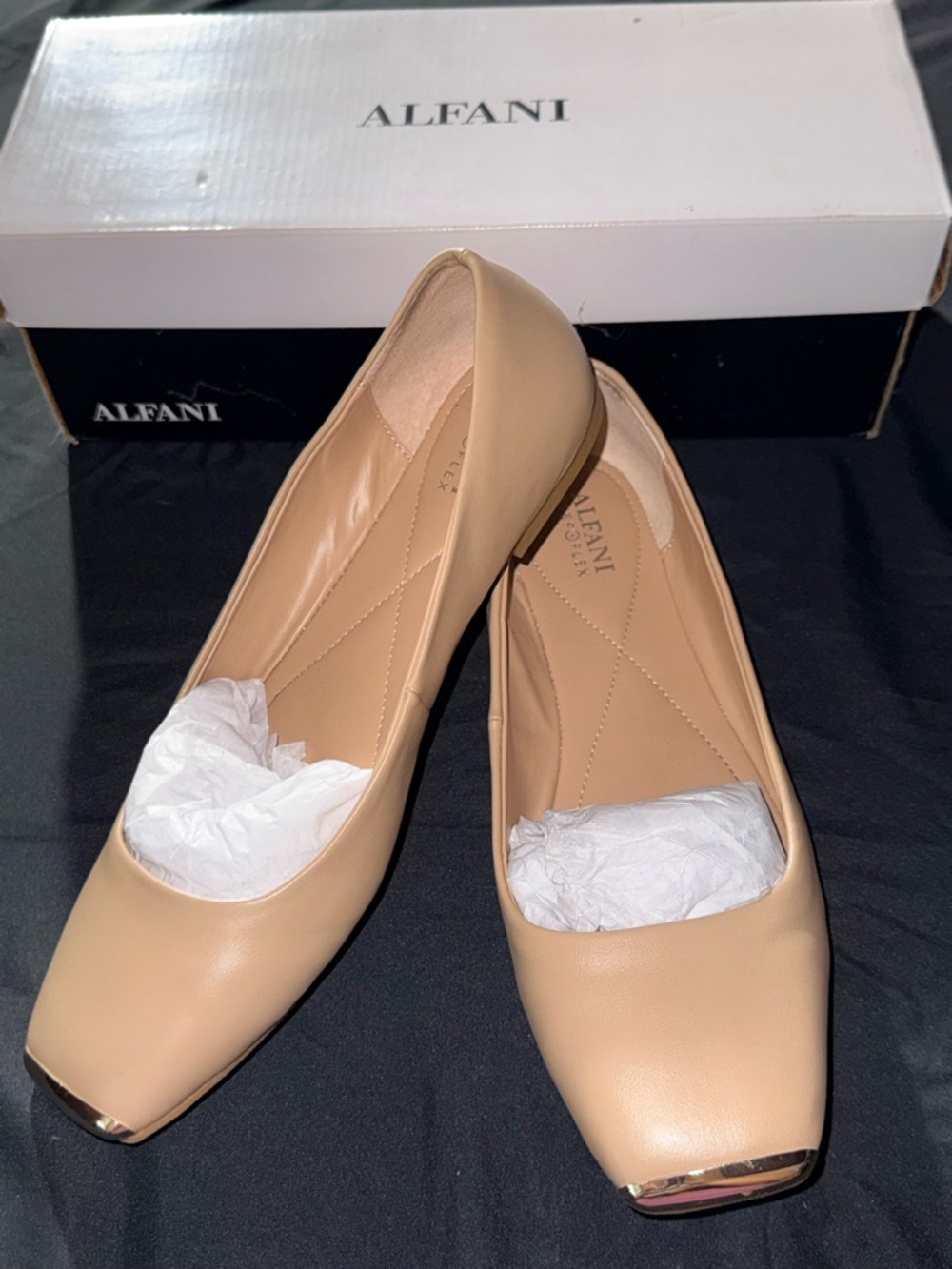 Alfani Beige Leather Square-Toe Flats with Gold Accent